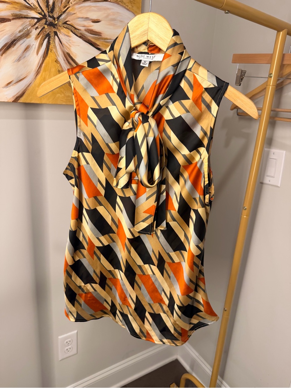 Nine West Geometric Tie-Neck Sleeveless Camisole in Orange, Black & Gold